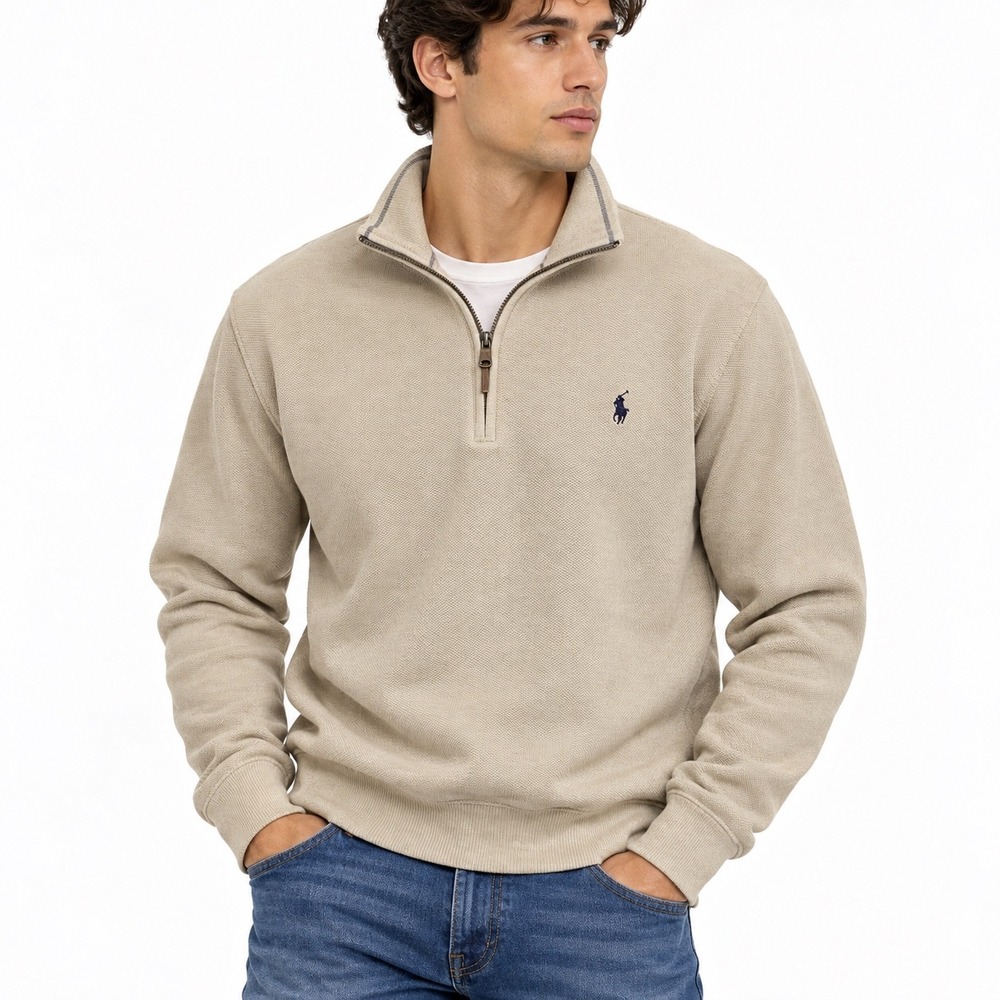 Polo Ralph Lauren Mens XL Cream Mesh Knit Cotton Quarter Zip Pullover Sweater